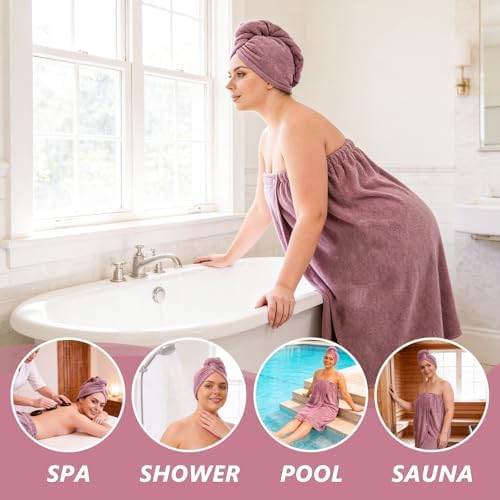 Plus Size Towel Wrap with Hair Towel for Women (2XL-4XL), Adjustable Wearable Shower Body Wrap, Comfortable Oversized Spa Bathrobe Set with Hair Drying Towel Purple - Image 5