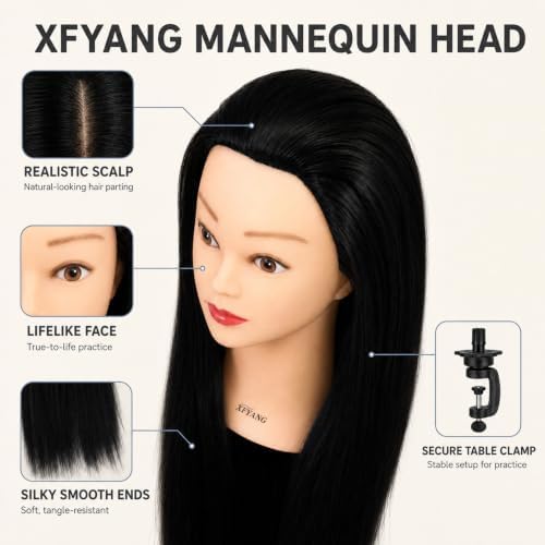 26-28 Inch Synthetic Fiber Mannequin Head for Braiding Styling Cutting Cosmetology Practice Doll with Clamp Stand for Makeup Training (Black) - Image 3