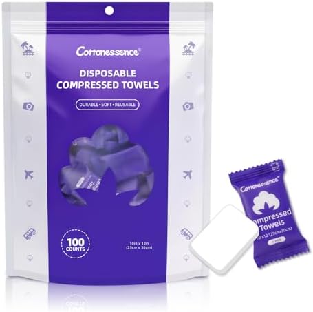 Cottonessence Premium Compressed Towels (100-Pack) - 10" x 12" Individually Wrapped Coin Tissues, Portable Towels for Travel, Hiking, Gym, Spa, Beauty Salon, Makeup, Baby Care, Outdoor Use by CraftingHealthUnveilingBeauty