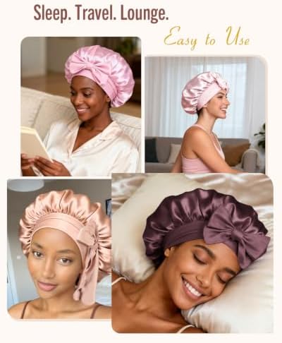 BONNET QUEEN Very Soft Satin Lined Bonnet,Anti-Frizzy Silk Like Bonnet for Sleeping for Curly Hair with Tie Band,Grey Rose Gold - Image 5
