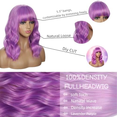 Sebast Pastel Bob Wigs with Bangs for Women Loose Wavy Wig Pastel Wavy Shoulder Length Bob Synthetic Cosplay Wig for Girl Colorful Costume Wigs (Lavender Purple) - Image 3