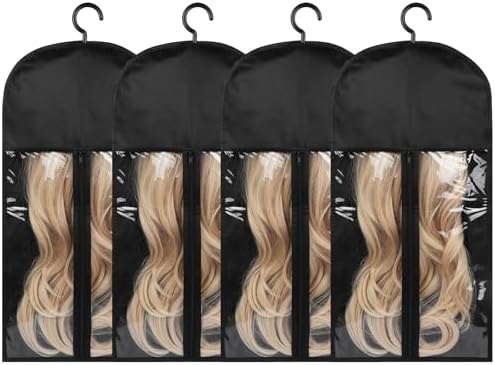 Kikone 4pcs Hair Extension Storage Bag - Wig Bags with Bracket, Dustproof & Waterproof Protection, Portable & Suitable for Wigs (Black, 23.6inch) by Kikone