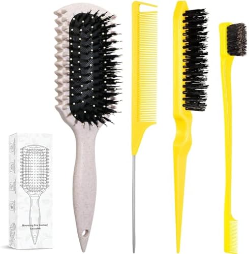 Curl Defining Brush, Curly Hair Brush Products With 3 Pcs Slick Back Hair Brush Set Bristle Brush Edge Control Teasing Comb for women (Beige) by Unknown
