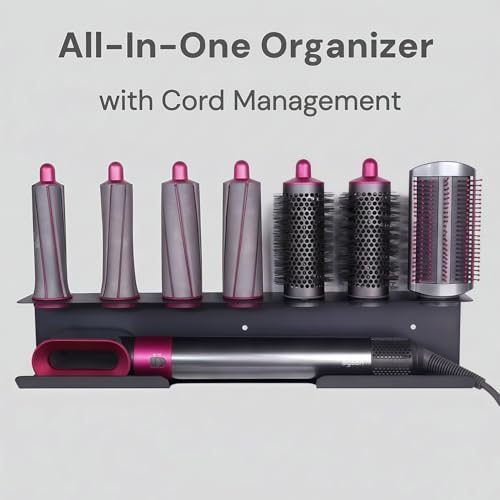 Dyson Airwrap Holder, Aluminum Alloy Dyson Airwrap Wall Mount with 7 Custom Slots&Cable Hook for Bathroom Salon Adhesive/Screw Black PTALSEAW - Image 2