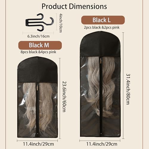Wig Storage Bags with Hangers, 16 Pack, 2 Sizes, Clear Window - Image 2