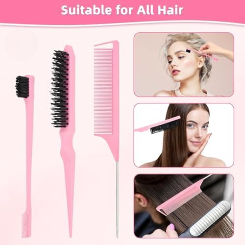 Hair Brush Set with Continuous Spray Bottle，Slick Back Hair Brush Back Brushing, Combing, Slicking Hair (PINK) - Image 4