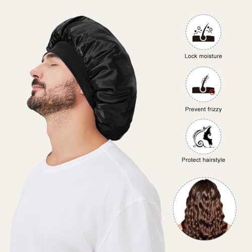 2 PCS Satin Silk Bonnet for Men Women, Hair Bonnet for Sleeping Men with Elastic Band, Large Silk Bonnet for Men Women Curly Hair Braids (Black+Blue) - Image 4