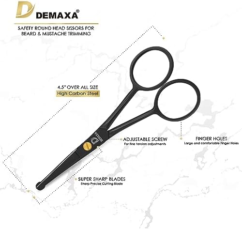 DEMAXA 4.5" Round Tip Safety Mustache Scissors Beard Scissors with 1 Mustache Comb, 1 Beard Comb & Soft Pouch – Best Facial Hair Shears for Beard Mustache Trimming Nose & Ear Hair - Image 3