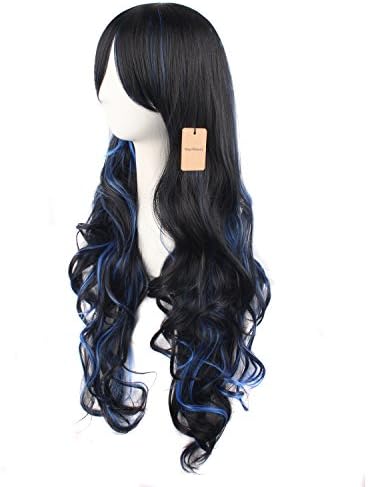 MapofBeauty Lolita Long Curly Clip on Ponytails Cosplay Wig, Black/Blue - Image 6