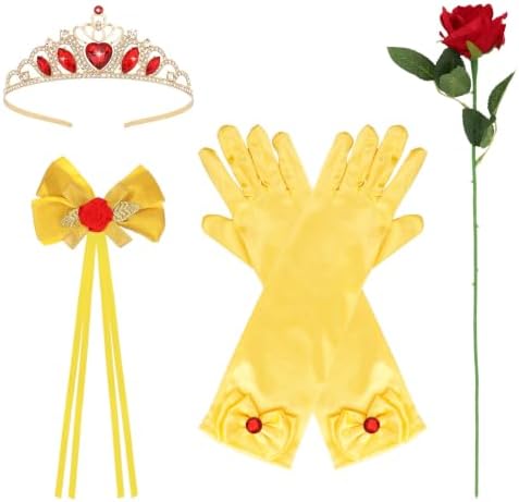 Princess Costume Accessories Crown Rose Hair Bow Yellow Gloves Kit by Uintoon