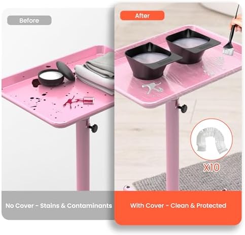TASALON Rolling Salon Service Cart with Tray Top, Height Adjustable, Aluminum Rolling Tray Trolley for Salon Essentials, Adjustable Heightfor Hairstylist Tray 10 PCS Disposable Salon Tray Cover,Pink - Image 4