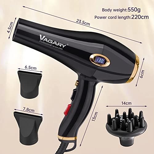 VAGARY Hair Dryer with Diffuser Concentrator, 2200W Professional Salon Ionic Blow Dryer for Frizz Free Smooth Hair, Featuring 2 Speeds and 2 Heat Settings, Cool Shot Button（Gold） - Image 6