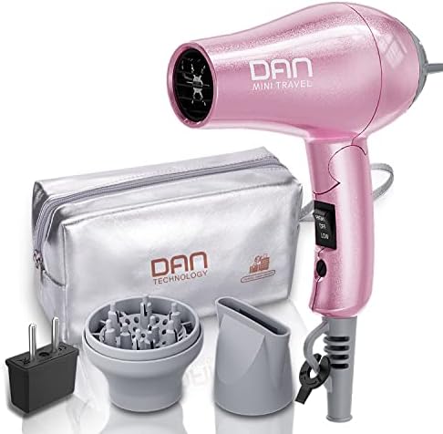 DAN Technology Travel Hair Dryer,Dual Voltage HairDryer,Mini Blow Dryer with Concentrator,Small Hair Dryer with Diffuser,European hairdryer with European Plug,Pink Blow Dryer for Women by DANTECHNOLOGY