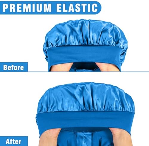 2Pcs Bonnets for Black Women Braid Bonnet, Large Long Satin Bonnet for Braids, Silk Bonnet with Stretchy Tie Band Sleep Cap Hair (2Pcs-Black&Blue) - Image 6