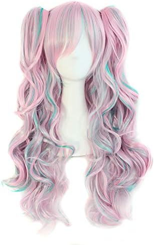 MapofBeauty Lolita Long Curly Clip on Ponytails Cosplay Wig, Pink/Blue by MapofBeauty