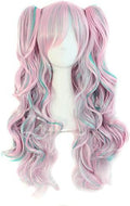 MapofBeauty Lolita Long Curly Clip on Ponytails Cosplay Wig, Pink/Blue by MapofBeauty