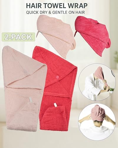 Textila 100% Cotton Hair Wrap Towels for Women (Pack of 2, Raspberry & Pink) – Soft & Absorbent Turban Towels for Long, Curly, Frizz-Prone Hair - Image 3