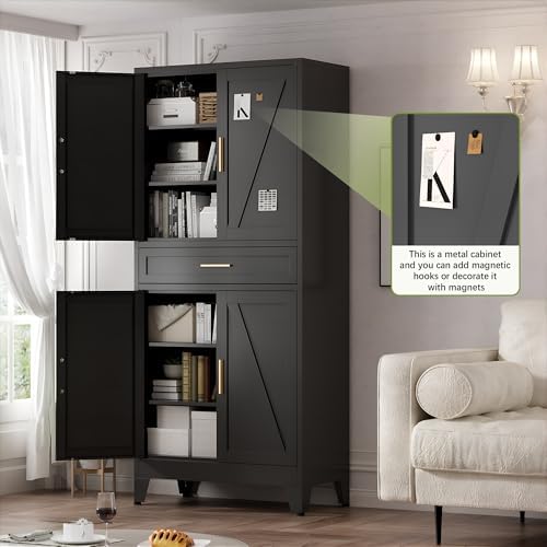 COFaR 71" Tall Metal Storage Cabinet with 4 Doors and 4 Adjustable Shelves, 6-Tier Farmhouse Storage Cabinet with Drawers and Legs, for Office, Home, Garage, Gym, School, Living Room, Hallway（Black） - Image 7