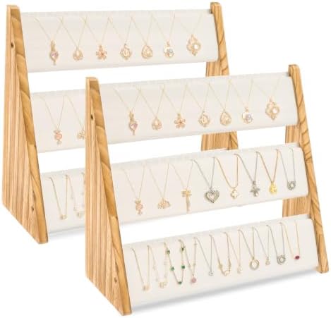 Necklace Holder, 3 Tier Necklace Organizer Stand with White Velvet, Wood Necklace Display Stands for Selling, Jewelry Display Stand for 72 Necklaces Bracelets (2 pack) by Yoimori