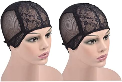 2 Pcs Black Double Lace Wig Caps with Adjustable Straps Swiss Lace Hairnet on the Back for Making Wig (Black XL) by YTBYT