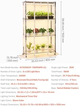 VEVOR Indoor Greenhouse with Grow Light, 59 in Tall 4-Tier Plant Stand with Clear Cover, Timer & Hygrometer, 180W Full Spectrum Grow Lights, Metal Lighted Plants Shelf Holder for Indoor Plants - Image 7