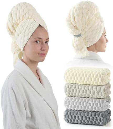 REDKISS 4 Pack Extra Large Hair Towels - Microfiber Oversized Hair Towel Wrap for Women, 23 x 47 inches Hair Towels with Elastic Strap, Super Soft Hair Drying Towels for Long, Thick, Curly Turbans by REDKISSOnline