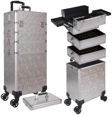 5 in 1 Rolling Makeup Train Case Professional Cosmetic Trolley Large Storage Organizer on Wheels for Hairstylist Artist Nail Beauty Salon Barber Silver by Unknown