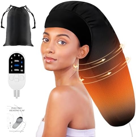 Heated Cap for Deep Conditioning: Upgraded Extra Large 10-Level Fast Heating 3 Time Settings Hair Steamer Cap for Natural Black Hair Portable Thermal Steam Cap for Home Hair Treatment - Deep Black by SUNCANDXY