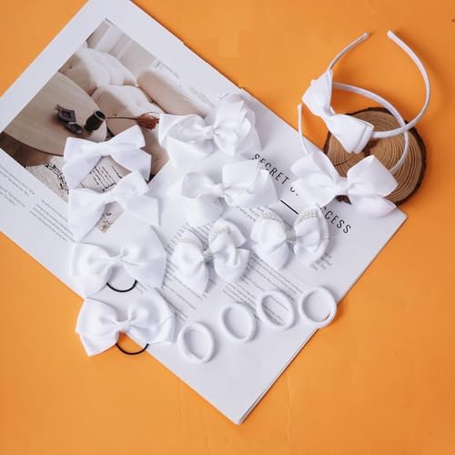 phnydreg Girl White Hair Bow Accessories 14 Pieces Uniform Hair Bows Hair Clips Headband for School Toddler Girls - Image 4