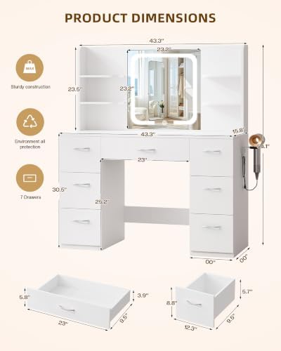 LIVELYGLOW 43" Large White Makeup Vanity Desk with Charging Station - Image 2