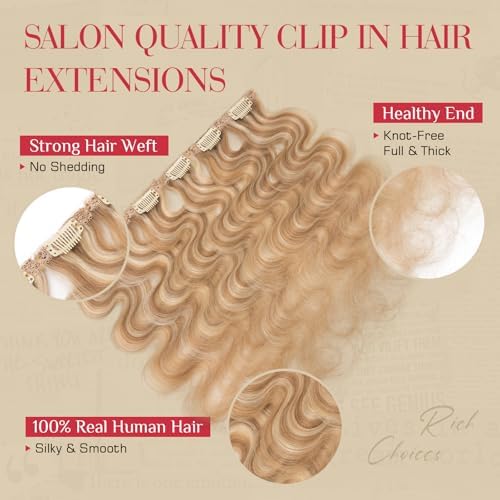 Rich Choices Clip In Hair Extension Real Human Hair-Wave/Curly 6 Pcs Single Clip Hairs Extension for Women-Invisible Mini Clips in Hairpieces-16 Inch #12P613 Golden Brown Highlighted Bleach Blonde - Image 3