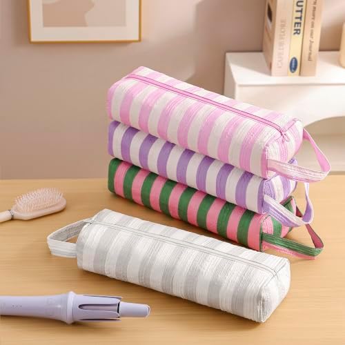 RSRSLEII Striped Hair Tools Travel Bag, Portable&Foldable, Pink&White - Image 6