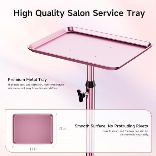 Salon Tray Cart Rolling Tray Spa Tray,Tattoo Tray Dental Tray Height Adjustable,Salon Tray on Wheels Premium Metal Rolling Trolley,Pink - Image 2