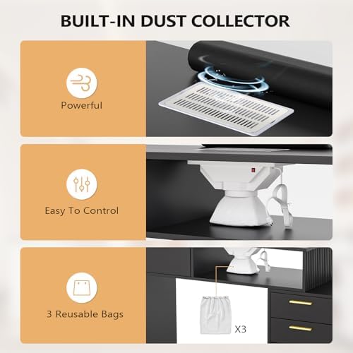 OmySalon Nail Desk with Electric Dust Collector & Glass Cabinet - Professional Manicure Table with Storage Drawer, Gold Handles, Wrist Cushion for Salon, Spa (Black) - Image 3