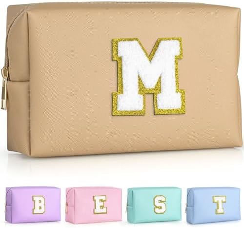 TOPEAST Monogrammed Gifts for Women, Preppy Makeup Bag Small Cosmetic Bag Travel Toiletry Bag, Personalized Birthday Gift for Girl, Wedding Bridal Shower Gifts for Bridesmaids (Khaki M) by TOPEAST