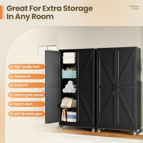 Yizosh 72"Black Metal Pantry Storage Cabinet,Wheeled Garage Storage Cabinet - Image 6