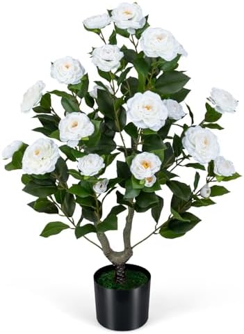 Goplus 35.5’’ Artificial Camellia Tree, Flower Plants Artificial Tree by Goplus