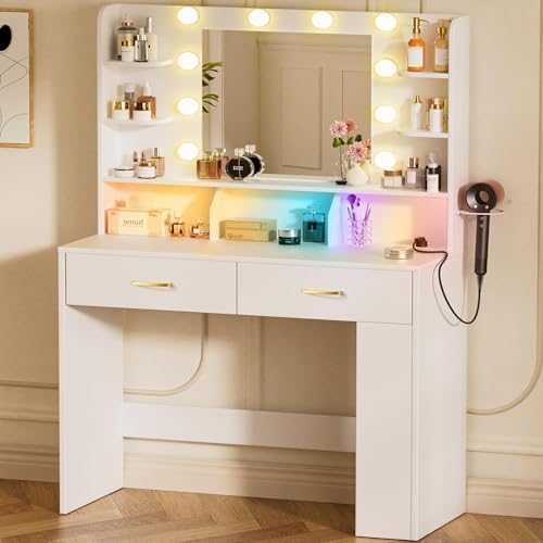 LUCKRACER Vanity Desk with LED Lights Mirror & Charging Station, Makeup Vanity with Storage Drawers and Shelves, Modern Dressing Table for Women Girls Bedroom, Ivory White - Image 2