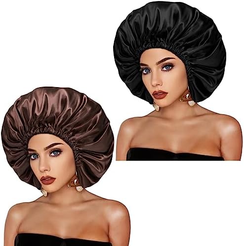 Satin Bonnet Silk Hair Cap: 2pcs Double Layer Reversible Extra Large Jumbo Adjustable Satin Lined Stainless Oversized Bonnets Sleep Night Cap No Slip-Off for Women Braids Sleeping (Black+Coffee) - Image 2