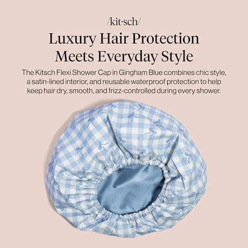 Kitsch Luxury Satin-Lined Flexi Shower Cap for Women - Gingham Blue - Image 2