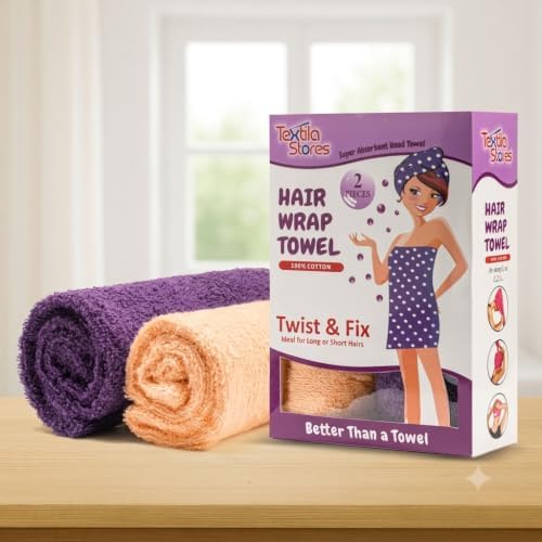Textila 100% Cotton Hair Wrap Towels for Women, (Pack of 2 - Plum & Peach) Head Towel Cap, Cotton Hair Turban Towel Wrap for Long Curly Anti Frizz Hair, Soft and Absorbent Cotton Hair Towel - Image 3