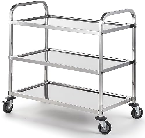 CURTA Stainless Steel Serving Trolley, 38" L x 20" W x 37" H 3 Tiered Shelf Kitchen Utility Cart, Rolling Casters Brake Wheel, Commercial Pro for Restaurant/Hotel/Lab/Clinic/Salon/Workshop by CURTA
