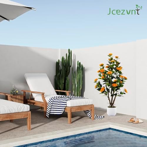 2 Pack Artificial Camellia Tree with White Pot, 38" Faux Potted Plants for Indoor Outdoor Decor, Tall Silk Greenery Plant for Home Offce Living Room Balcony,White, Orange - Image 7
