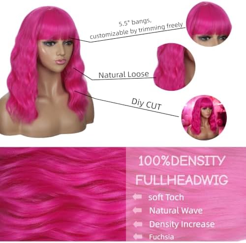 Sebast Pastel Bob Wigs with Bangs for Women Loose Wavy Wig Pastel Wavy Shoulder Length Bob Synthetic Cosplay Wig for Girl Colorful Costume Wigs (Pink) (Fuchsia) - Image 3