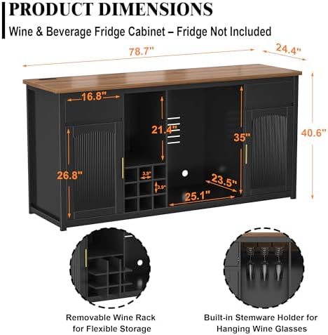 GDLF 78.7" Home Bar Cabinet with Fridge Space, Fluted Wine Liquor Bar,Black - Image 2