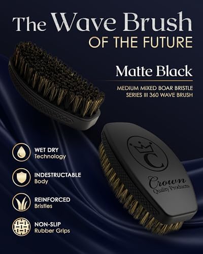 360 Wave Brush, Curved MEDIUM Mixed Boar Bristle, Triple Black, Waterproof - Image 2