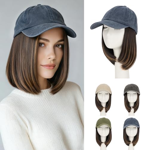 Rich Choices Hat Wigs for Women,Denim Blue Baseball Cap with Hair Extensions for Women,Short Bob Hairstyle Caps with Hair Attached Adjustable Baseball Cap Wig 6 Inch Highlighted Dark Brown Hair by RichChoices