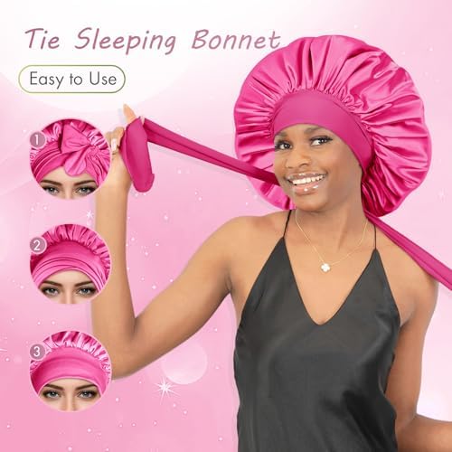 BONNET QUEEN XL Large Silk Like Bonnet for Sleeping for Curly Hair,Satin Bonnet with Adjustable Tie Band,Hot Pink - Image 4