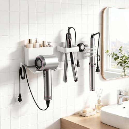 Hair Dryer Holder Wall Mount with 2 Storage Compartments, Aerospace Aluminum Blow Dryer Curling Iron Flat Iron Holder, No Drill Adhesive Bathroom Hair Tool Organizer, Heat Resistant (White) - Image 7