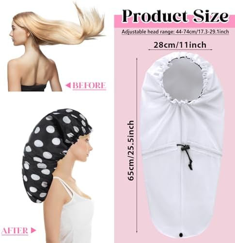 2 Pcs Large Shower Cap for Braids, Extra Long Shower Cap for Women Long Hair & Locs, Waterproof Hair Bonnets for Dreadlocks Drawstring Bath Caps for Women & Men (White, Polka Dots) - Image 2